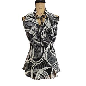 CACHE Black White Geometric Ruffle Collar Sleeveless Blouse Top Office MEDIUM